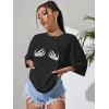 Kadın Baskılı T-Shirt Kısa Kol Bisiklet Yaka Oversize Rahat Kalıp Tişört - Siyah