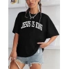 Kadın Baskılı T-Shirt Kısa Kol Bisiklet Yaka Oversize Rahat Kalıp Tişört - Siyah