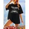 Kadın Baskılı T-Shirt Kısa Kol Bisiklet Yaka Oversize Rahat Kalıp Tişört - Siyah
