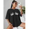 Kadın Baskılı T-Shirt Kısa Kol Bisiklet Yaka Oversize Rahat Kalıp Tişört - Siyah