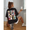 Kadın Baskılı T-Shirt Kısa Kol Bisiklet Yaka Oversize Rahat Kalıp Tişört - Siyah