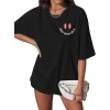 Kadın Baskılı T-Shirt Kısa Kol Bisiklet Yaka Oversize Rahat Kalıp Tişört - Siyah