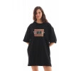 Kadın Baskılı T-Shirt Kısa Kol Bisiklet Yaka Oversize Rahat Kalıp Tişört - Siyah