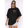 Kadın Baskılı T-Shirt Kısa Kol Bisiklet Yaka Oversize Rahat Kalıp Tişört - Siyah