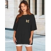 Kadın Baskılı T-Shirt Kısa Kol Bisiklet Yaka Oversize Rahat Kalıp Tişört - Siyah