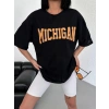 Kadın Baskılı T-Shirt Kısa Kol Bisiklet Yaka Oversize Tişört - Siyah