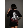 Kadın Baskılı T-Shirt Oversize Kısa kol Bisiklet yaka tişort- Siyah