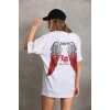 Kadın Baskılı Tişört Kısa Kol Bisiklet Yaka Oversize T-Shirt - Beyaz
