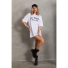 Kadın Baskılı Tişört Kısa Kol Bisiklet Yaka Oversize T-Shirt - Beyaz