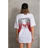 Kadın Baskılı Tişört Kısa Kol Bisiklet Yaka Oversize T-Shirt - Beyaz
