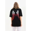 Kadın Baskılı Tişört Kısa Kol Bisiklet Yaka Oversize T-Shirt - Siyah