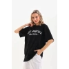 Kadın Baskılı Tişört Kısa Kol Bisiklet Yaka Oversize T-Shirt - Siyah