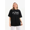 Kadın Baskılı Tişört Kısa Kol Bisiklet Yaka Oversize T-Shirt - Siyah