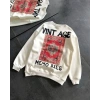 Kadın Bisiklet Yaka 3 İplik Baskılı Oversize SweatShirt - Beyaz