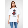 kadın Bisiklet Yaka Baskılı  Kısa kol Oversize T-Shirt - Beyaz