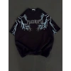 Kadın Bisiklet Yaka Baskılı  Kısa kol Oversize T-Shirt - Siyah