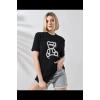 Kadın Bisiklet Yaka Baskılı  Kısa kol T-Shirt - Siyah