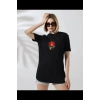 Kadın Bisiklet Yaka Baskılı  kısa kol T-Shirt - Siyah