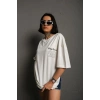 kadın Bisiklet Yaka Baskılı Oversize Kısa kol  T-Shirt - Beyaz