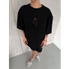 kadın Bisiklet Yaka Baskılı Oversize  Kısa kol T-Shirt - Siyah