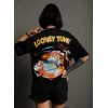 kadın Bisiklet Yaka Baskılı Oversize  Kısa kol T-Shirt - Siyah