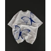 kadın  Bisiklet Yaka Baskılı Oversize T-Shirt - Beyaz