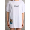 kadın Bisiklet Yaka Baskılı Oversize T-Shirt - Beyaz