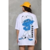 kadın Bisiklet Yaka Baskılı Oversize T-Shirt - Beyaz