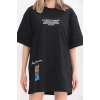 kadın  Bisiklet Yaka Baskılı Oversize T-Shirt - Siyah