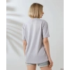 Kadın Bisiklet Yaka Baskılı Slim Fit T-Shirt - Boyalı Gri