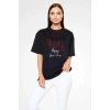 kadın Bisiklet Yaka  Kısa kol Baskılı Oversize T-Shirt - Siyah