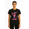 Kadın Bisiklet Yaka Kısa Kollu Baskılı T-shirt - Siyah