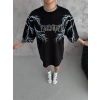 Kadın Bisiklet Yaka Yıldırım Baskılı  Kısa kol Oversize T-Shirt - Siyah