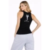 Kadın Fitilli Atlet Sıfır Yaka Slim Fit Arka Baskılı Spor Atlet - Siyah