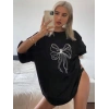 Kadın Fiyonk Baskılı T-Shirt Kısa Kol Bisiklet Yaka Oversize Tişört - Siyah
