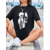 Kadın iskelet Baskılı T-Shirt Kısa Kol Bisiklet Yaka Oversize Tişört - Siyah