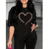 Kadın Kalp Baskılı T-Shirt Kısa Kol Bisiklet Yaka Oversize Tişört - Siyah
