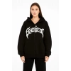 Kadın Kapüşonlu 3 İplik Şardonlu Önü Baskılı Fermuarlı Oversize Sweatshirt - Siyah
