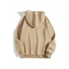 Kadın Kapüşonlu Kanguru Cepli 3 İplik Pamuklu Düz Hoodie Sweatshirt - Bej