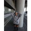 Kadın Kapüşonlu Kanguru Cepli Sweatshirt 3 İplik Pamuklu Baskılı Hoodie - Gri