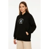 Kadın Kapüşonlu Kanguru Cepli Sweatshirt 3 İplik Pamuklu Baskılı Hoodie - Siyah