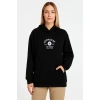 Kadın Kapüşonlu Kanguru Cepli Sweatshirt 3 İplik Pamuklu Baskılı Hoodie - Siyah