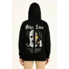 Kadın Kapüşonlu Kanguru Cepli Sweatshirt 3 İplik Pamuklu Baskılı Hoodie - Siyah
