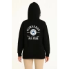Kadın Kapüşonlu Kanguru Cepli Sweatshirt 3 İplik Pamuklu Baskılı Hoodie - Siyah
