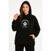 Kadın Kapüşonlu Kanguru Cepli Sweatshirt 3 İplik Pamuklu Baskılı Hoodie - Siyah