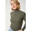 Kadın Kaşkorse Boğazlı Full Likralı Fitilli Body Kazak - Haki