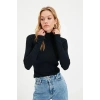 Kadın Kaşkorse Boğazlı Full Likralı Fitilli Body Kazak - Siyah