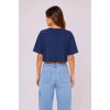 Kadın Kedi Baskılı Oversize Crop Tişört Salaş Basic Yarım Kol T-shirt - Lacivert