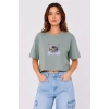 Kadın Kedi Baskılı Oversize Crop Tişört Salaş Basic Yarım Kol T-shirt - Mint Yeşili