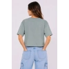 Kadın Kedi Baskılı Oversize Crop Tişört Salaş Basic Yarım Kol T-shirt - Mint Yeşili